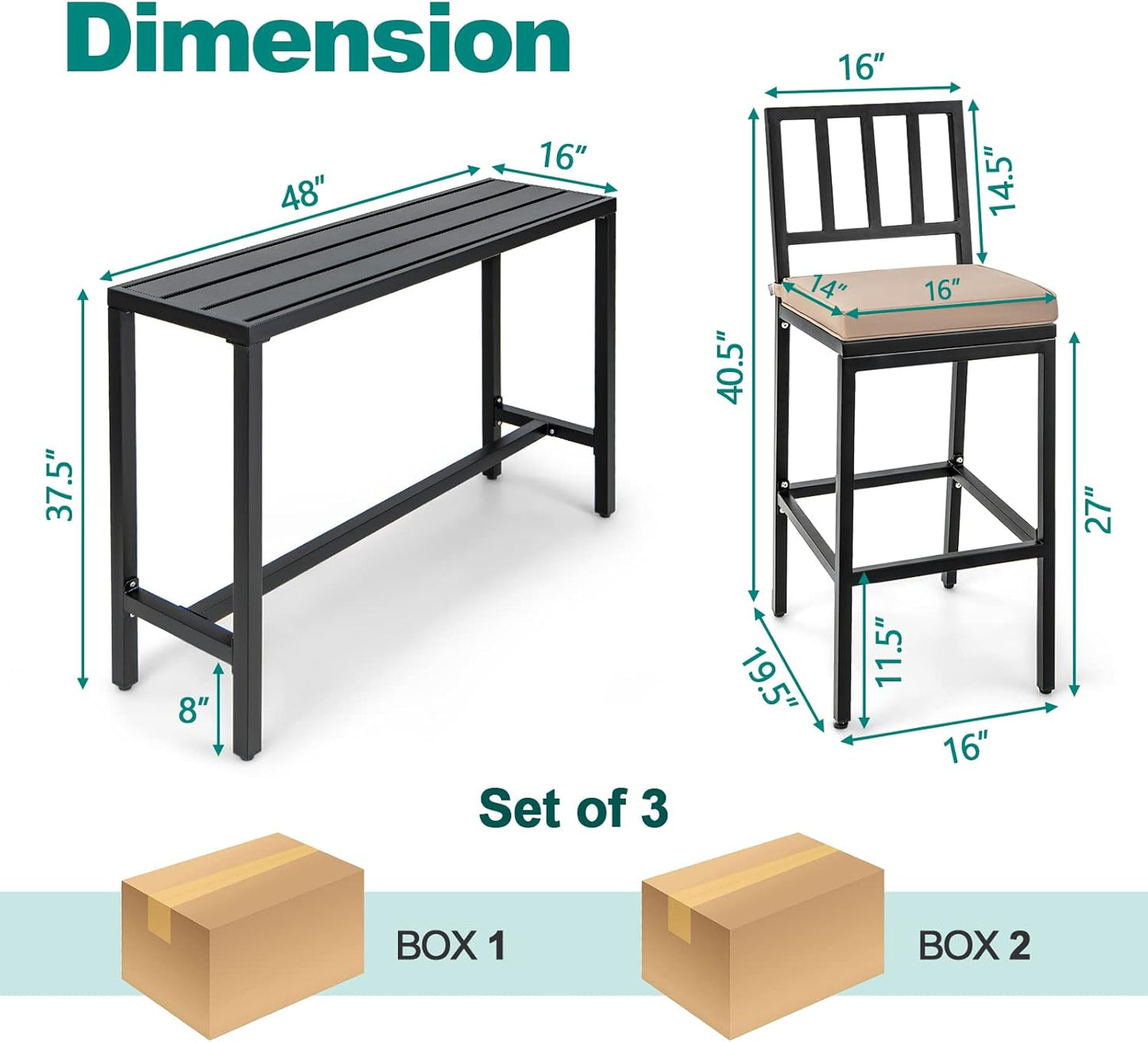 3 Piece Outdoor Patio Bar Set 55"/48" Rectangular Pub Height High Top Bar Table with 2 Cushioned Bar Stools