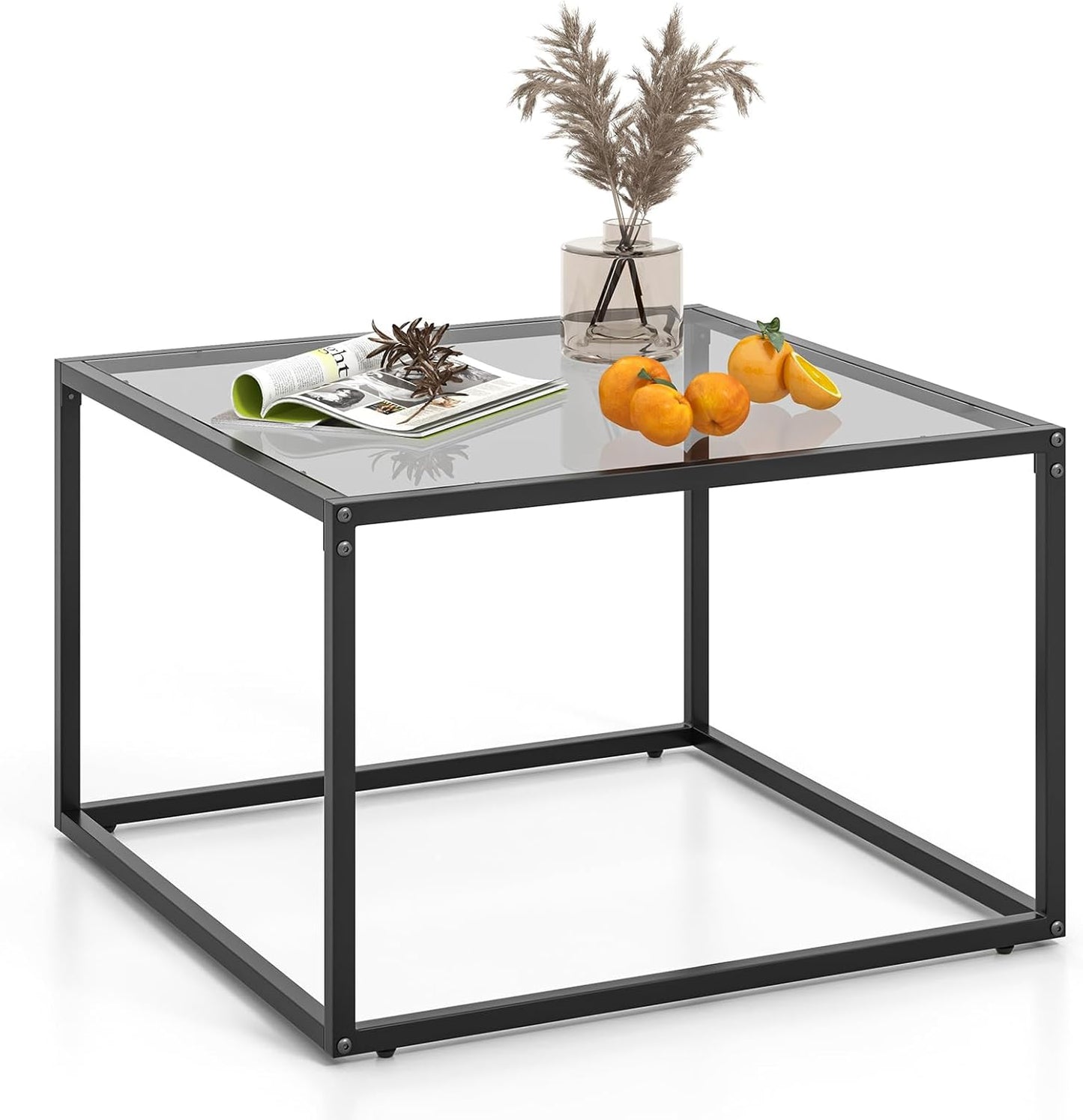 27.5” Square Glass Top Accent Table with Metal Frame