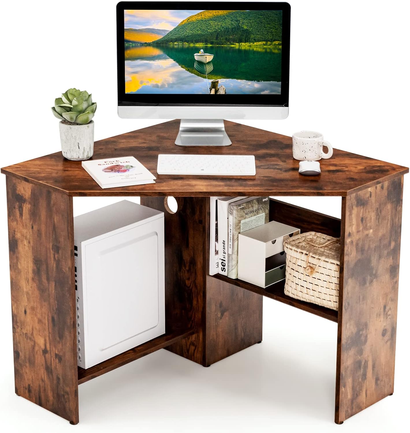 Corner Computer Desk Space-Saving Triangular Writing Desk w/ 2 Storage Shelves & 2 Cable Holes