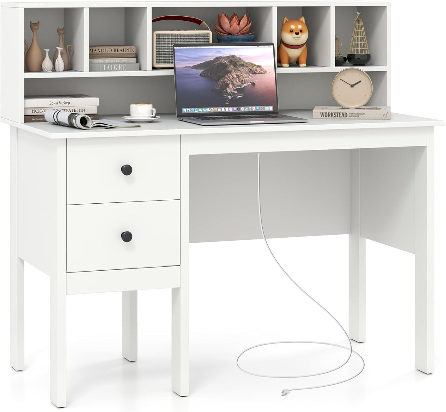 Writing Desk with USB Charging Ports & Power Outlets 48" Computer Desk with Drawers & 5-Cubby Hutch