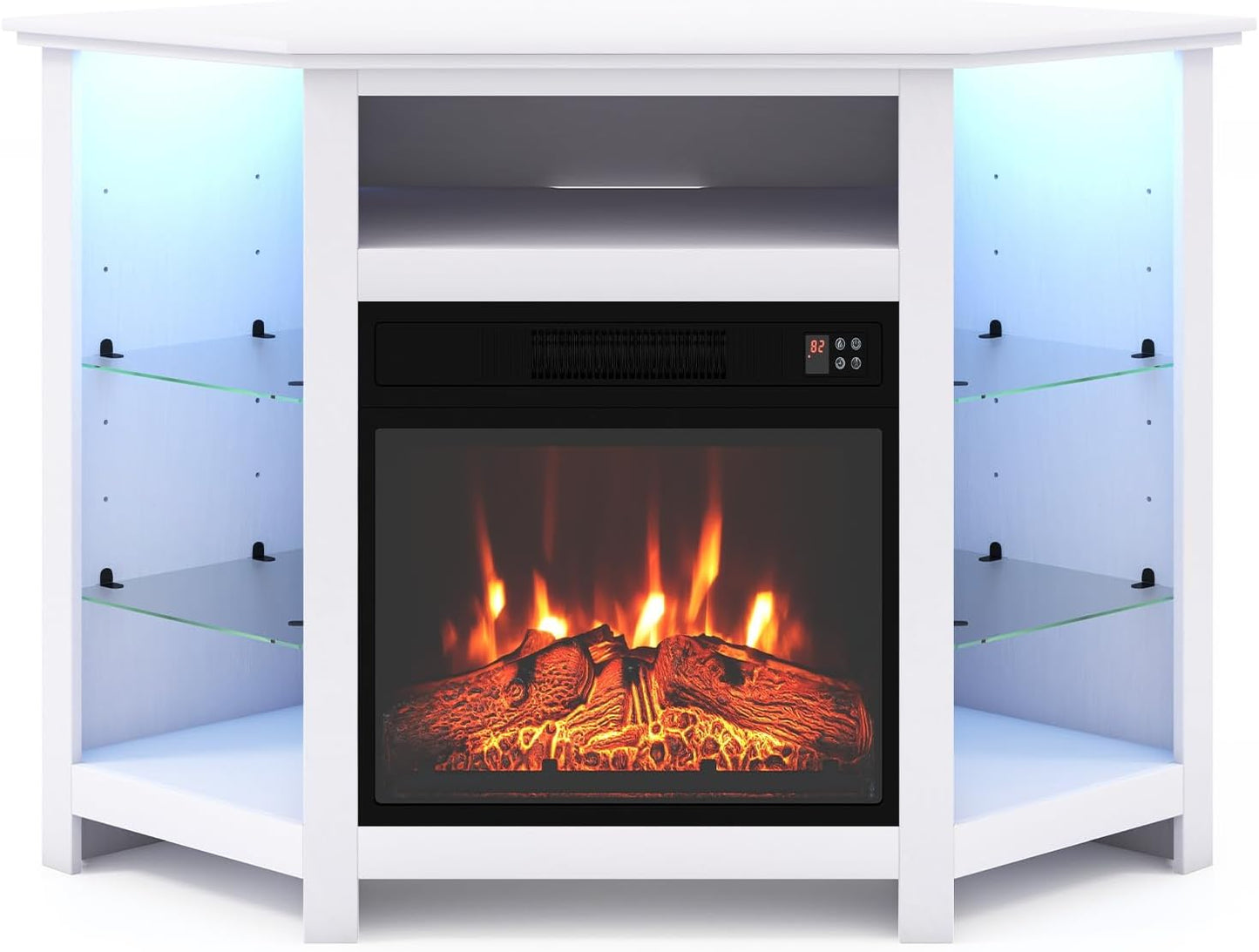 Corner Fireplace TV Stand with LED Lights for TVs up to 50”, Modern Entertainment Center with Electric Fireplace