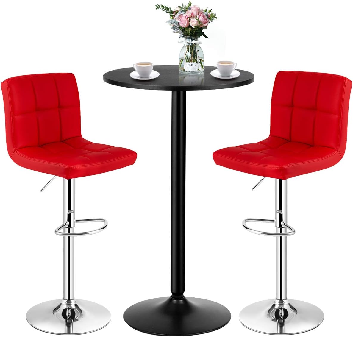3-Piece Bar Table Set-Round Cocktail Table and PU Leather Adjustable Swivel Chairs