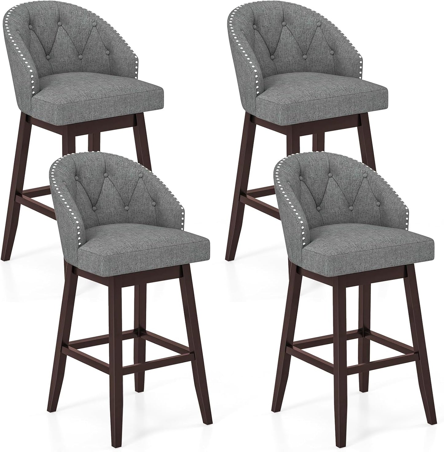 31" Bar Stools Set of 2 Swivel Bar Stools with Rubber Wood Legs & Padded Back