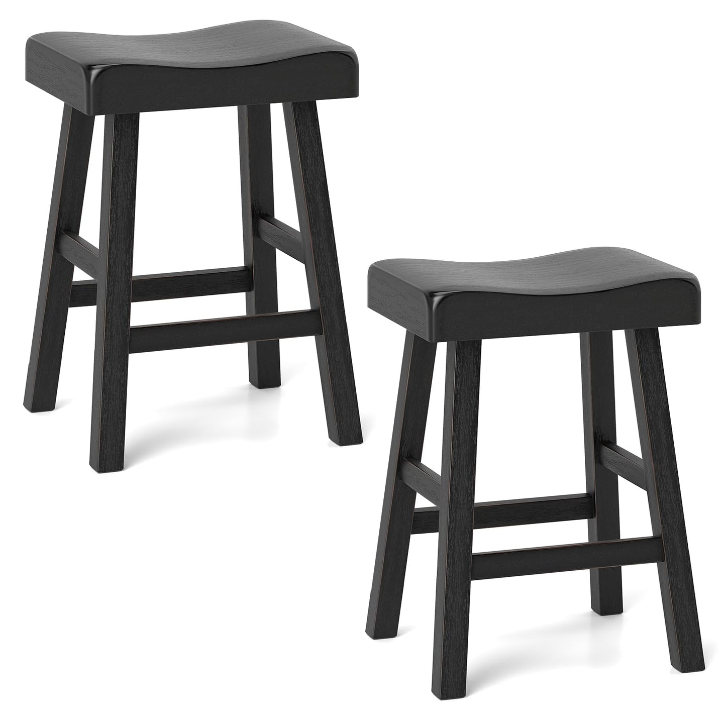 Solid Wood Saddle Stools Set w/Curved Seats Footrests