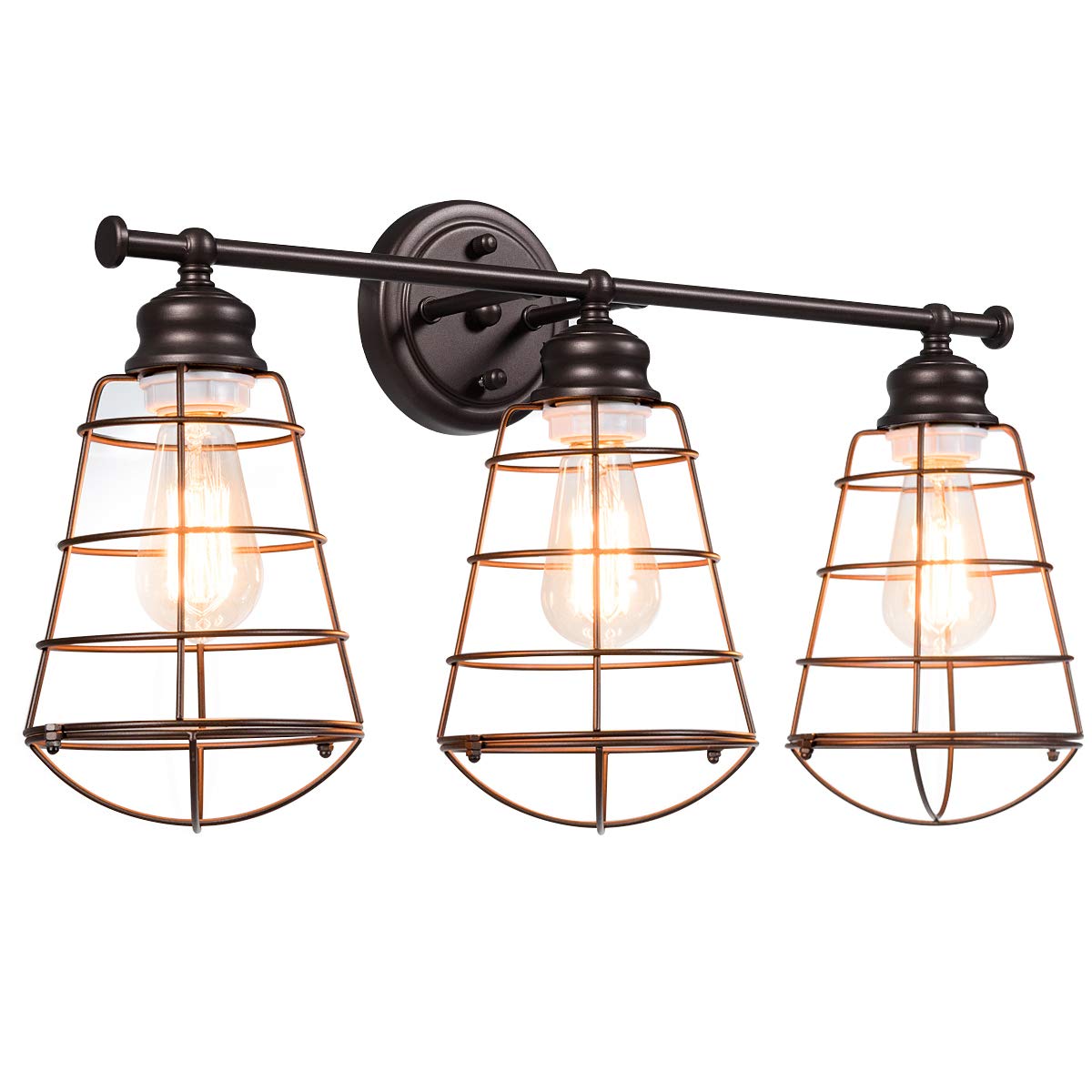 3-Light Vintage Vanity Lights, Industrial Metal Wire Cage Wall Sconces, Metal Wall Mount Lamp (Black & Golden)