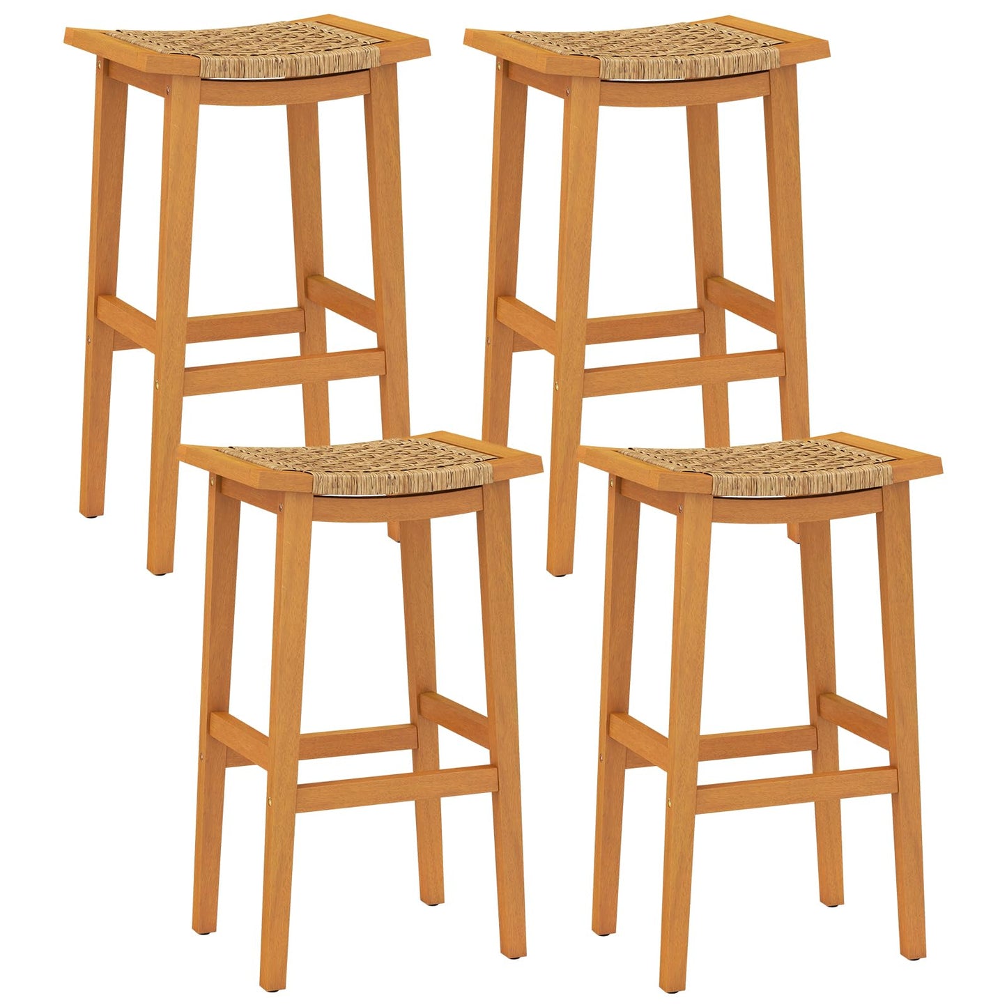Outdoor PE Rattan Saddle Stools with Acacia Wood Footrests