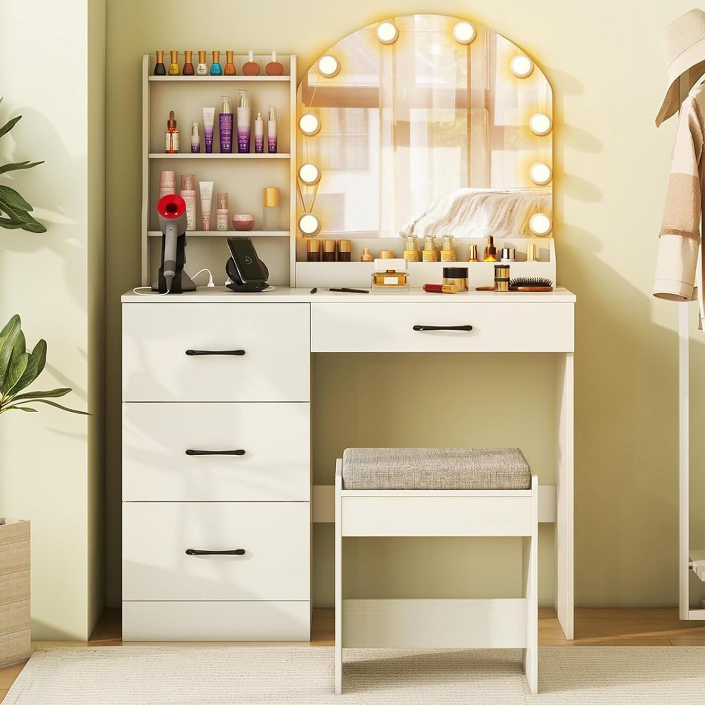 Dressing Table with Charging Station Bedroom Makeup Vanity Set for Girl
