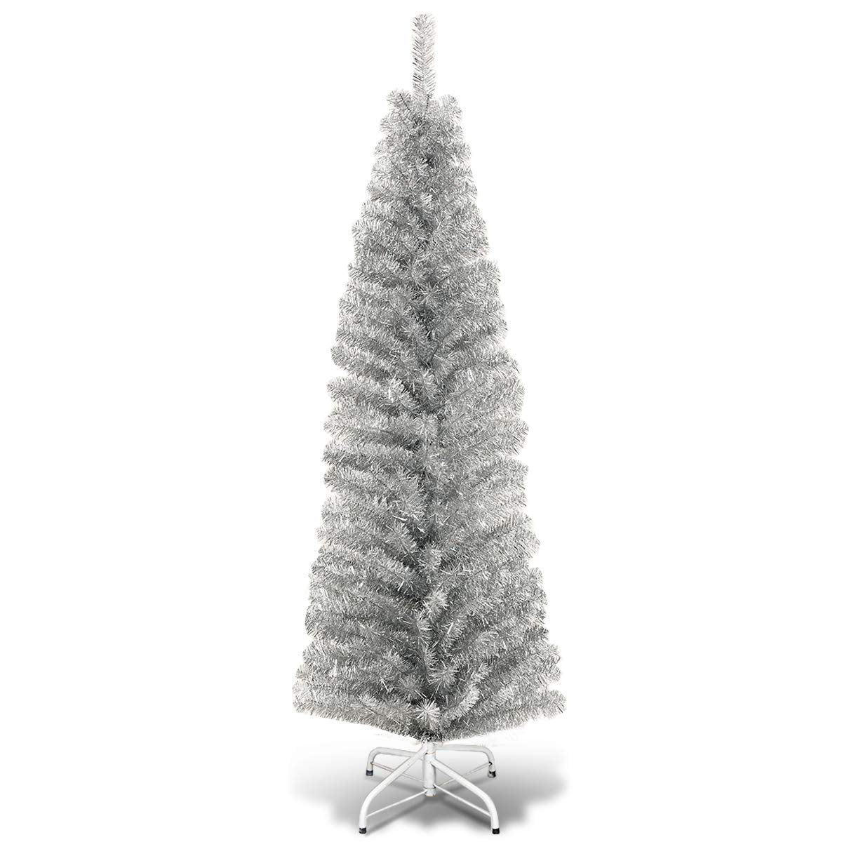 6FT Snow Flocked Pencil Slim Christmas Tree Artificial Hinged Xmas Tree with Metal Stand