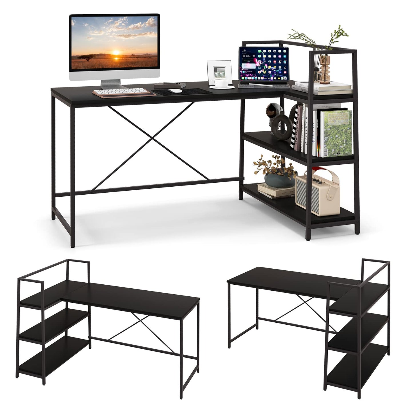 59 Inch L-Shaped Computer Desk with Open Storage Shelves