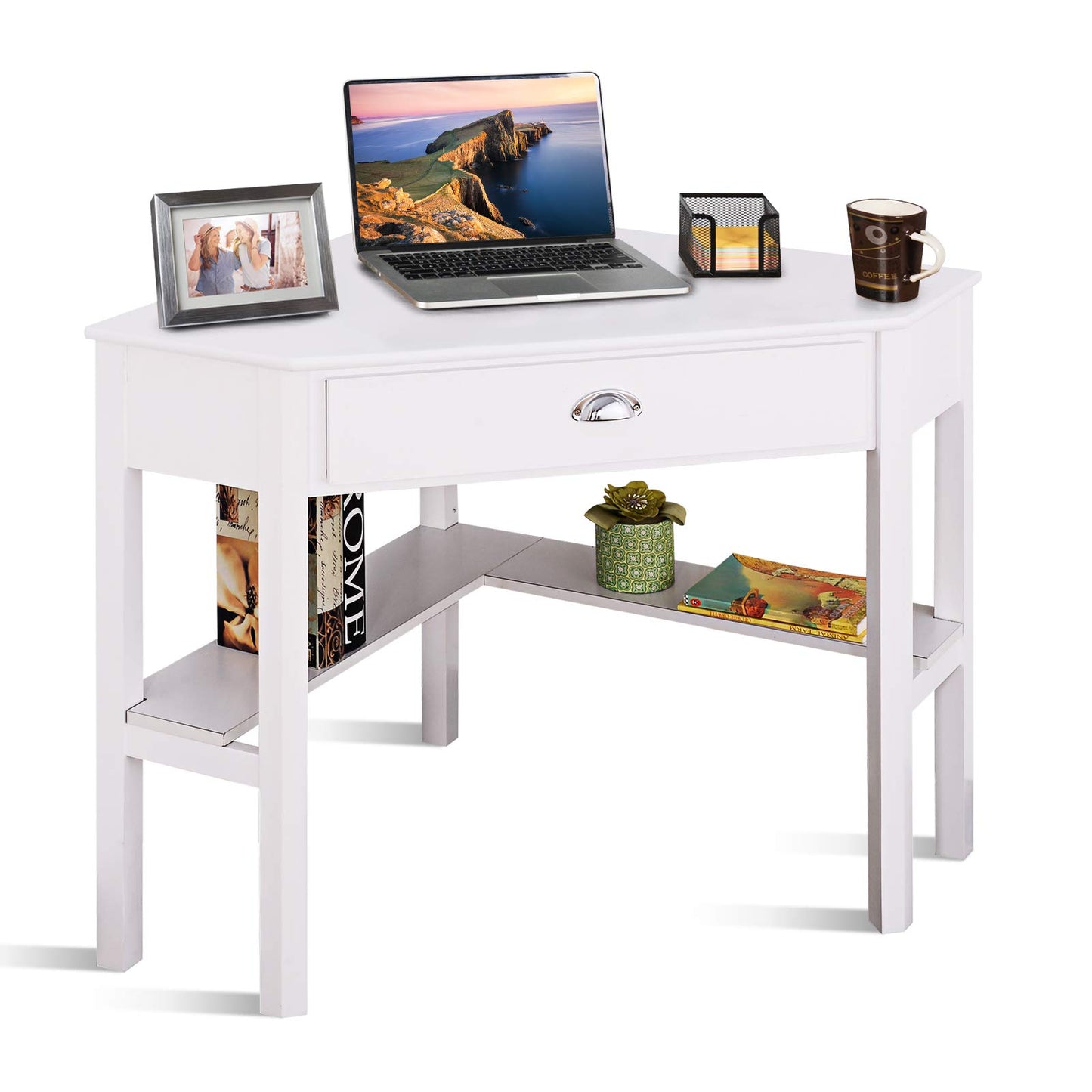 Corner Desk with Drawer for Small Space Wood Makeup Vanity