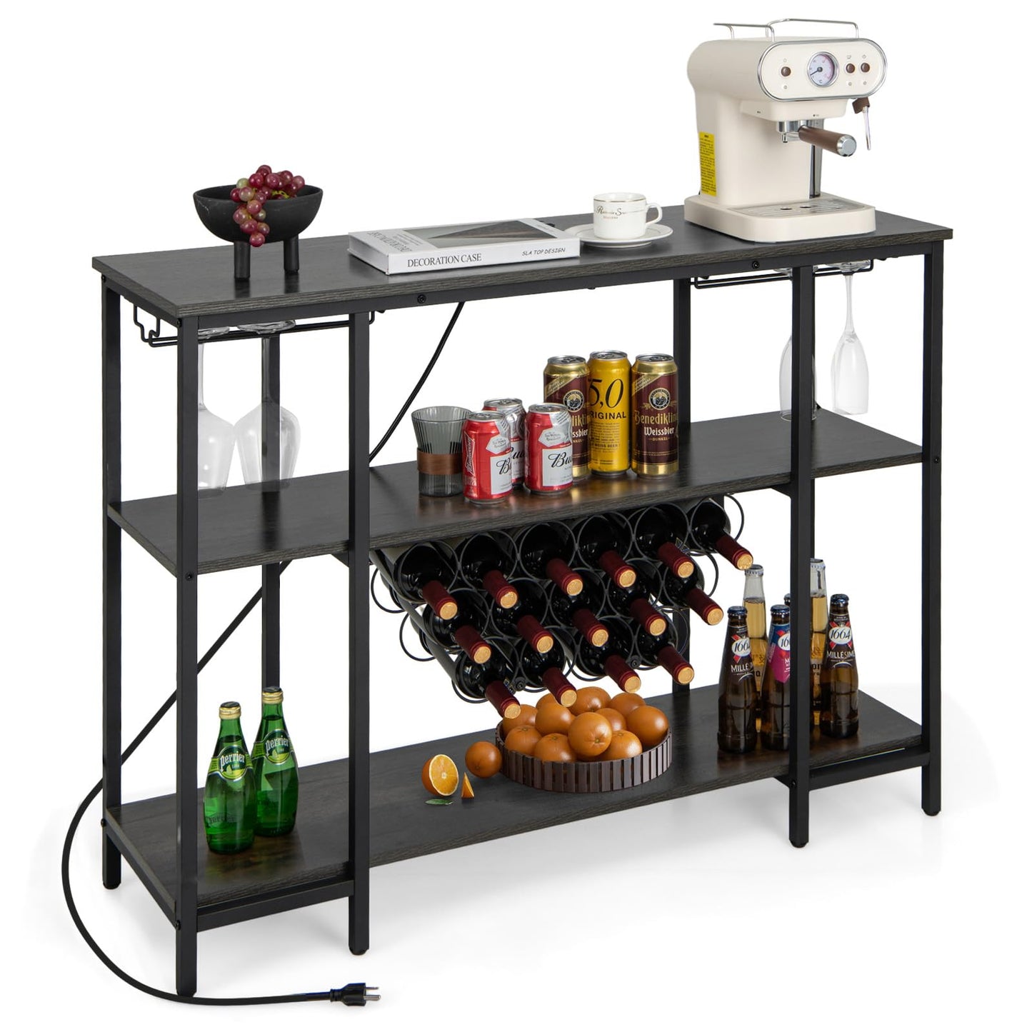 Wine Bar Cabinet 3-Tier Home Mini Bar for Liquor w/Power Outlets