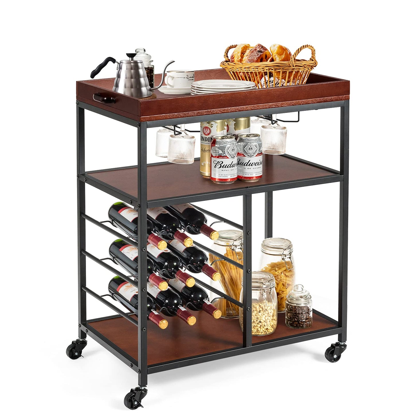 Kitchen Rolling Island Cart with 9-Bottle Wine Racks & Glass Holders