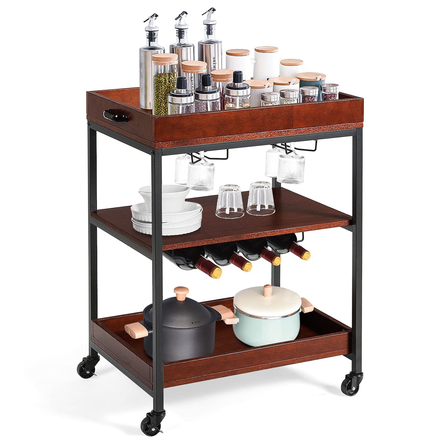 Kitchen Rolling Island Cart 3-Tier Rolling Bar Serving Cart