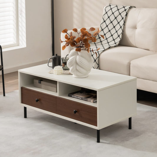 Modern Coffee Table with Storage Rectangle Sofa Center Table with 2 Open Shelves & 2 Drawers