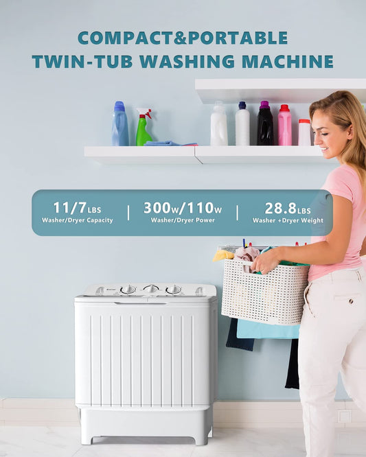 ARLIME Portable Washing Machine, 20lbs Mini Twin Tub Washing Machine w/Drain Pump, Semi Automatic 12lbs Compact Washer & 8lbs Sipnner