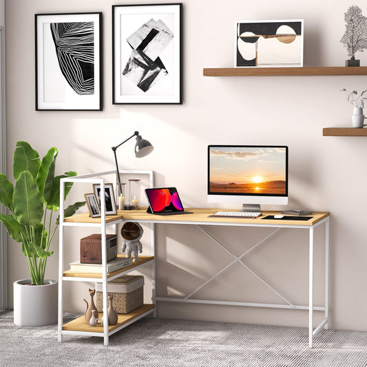 59 Inch L-Shaped Computer Desk with Open Storage Shelves