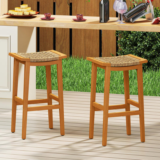 Outdoor PE Rattan Saddle Stools with Acacia Wood Footrests