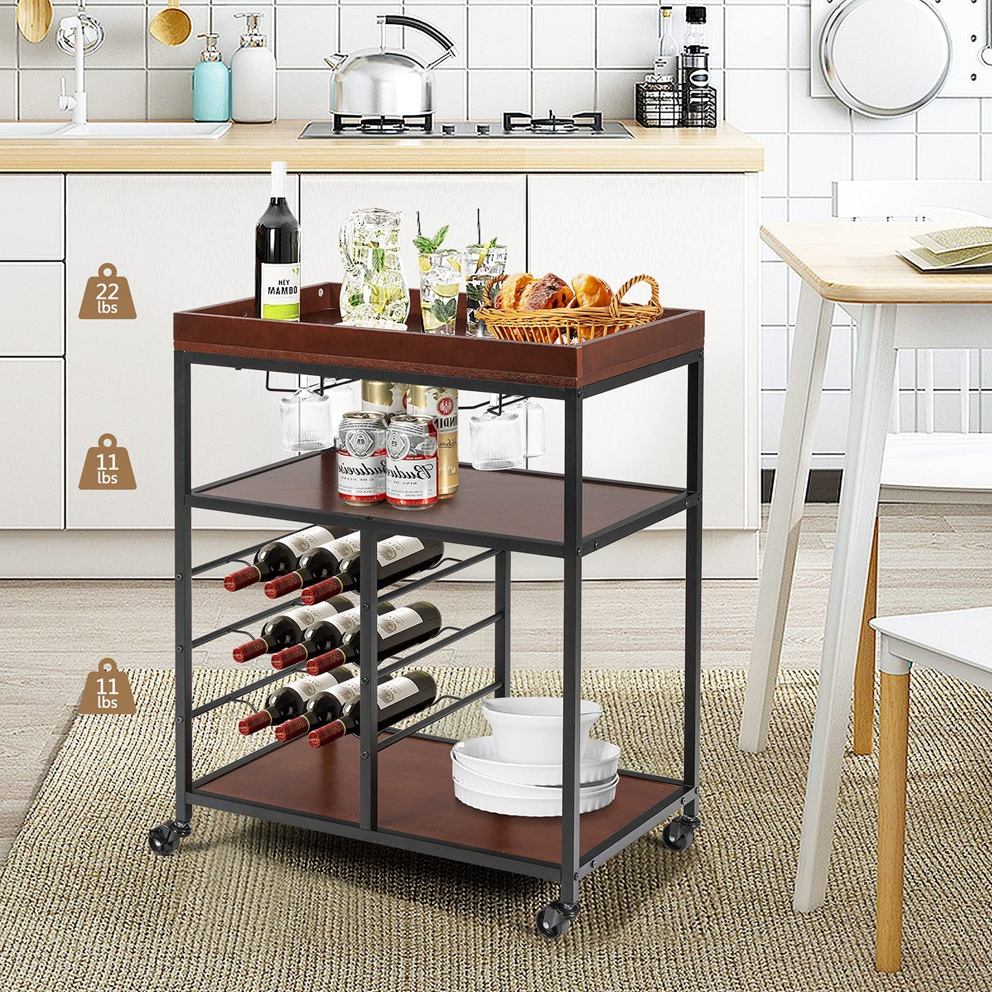 Kitchen Rolling Island Cart with 9-Bottle Wine Racks & Glass Holders