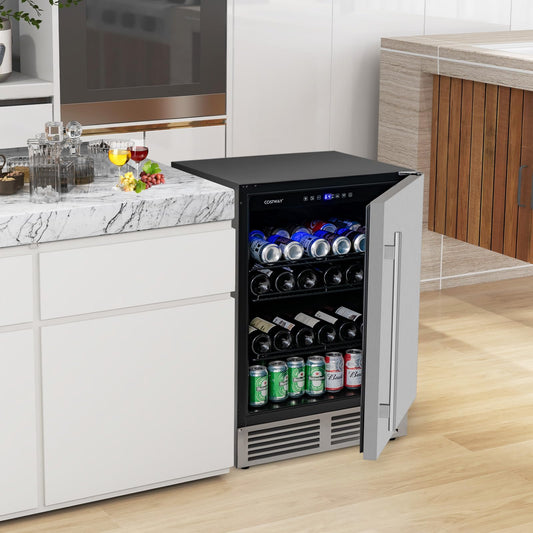 24 Inch Beverage Fridge, 190 Cans Under Counter Drink Fridge w/Stainless Steel Door & Removable Shelves