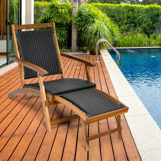 Patio Folding Rattan Lounge Chair with Convenient Retractable Footrest