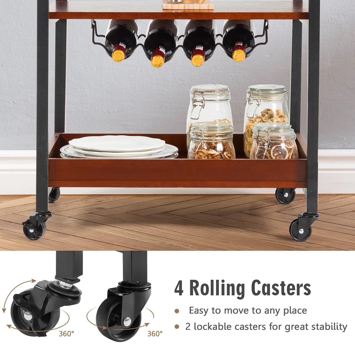 Kitchen Rolling Island Cart 3-Tier Rolling Bar Serving Cart