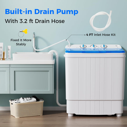 Portable Washing Machine, 17.6lbs Compact Portable Washer Twin Tub Combo with Pump Drain (Blue & White)