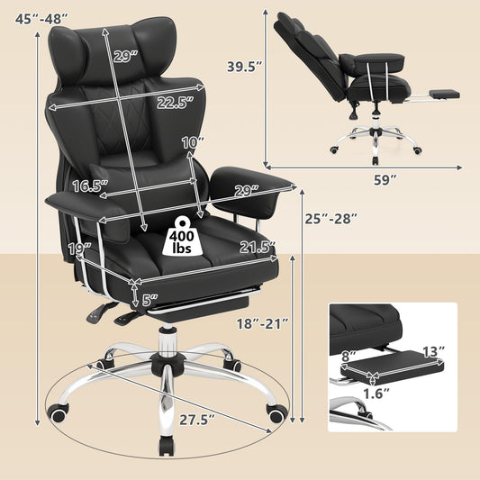 400 LBS Big and Tall Office Chair PU Leather Executive Desk Chair w/Retractable Footrest