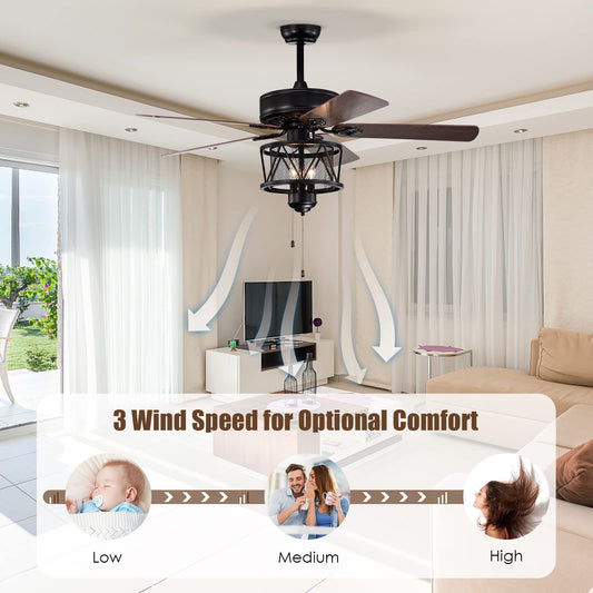 50-Inch Ceiling Fan with Lights, Indoor Ceiling Fan with Pull Chain Control, Mute Motor (Coffee)