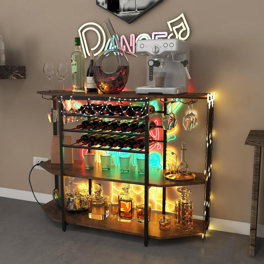 Wine Bar Cabinet 3-Tier Liquor Cabinet with Power Outlets