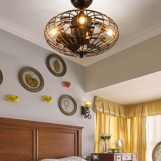 Caged Ceiling Fan with Light, Enclosed Ceiling Fan with 5 Blades, 3 Wind Speed (Black)