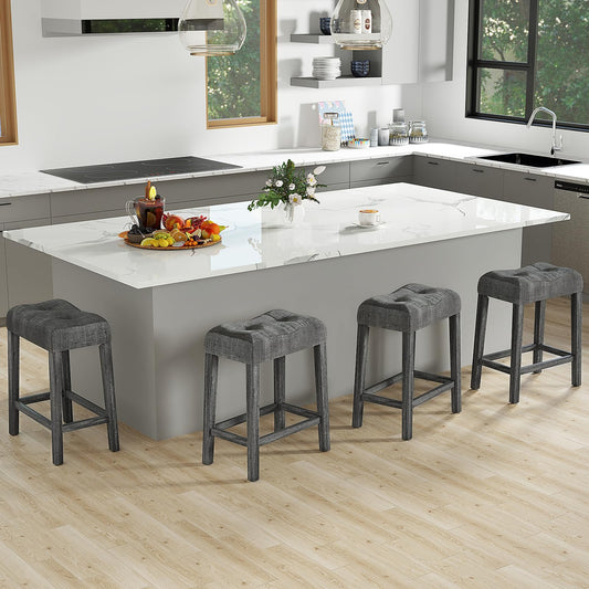 Wooden Saddle Stools Set 24-inch Counter Height Upholstered Backless Bar Stools with Solid Rubber Wood Legs