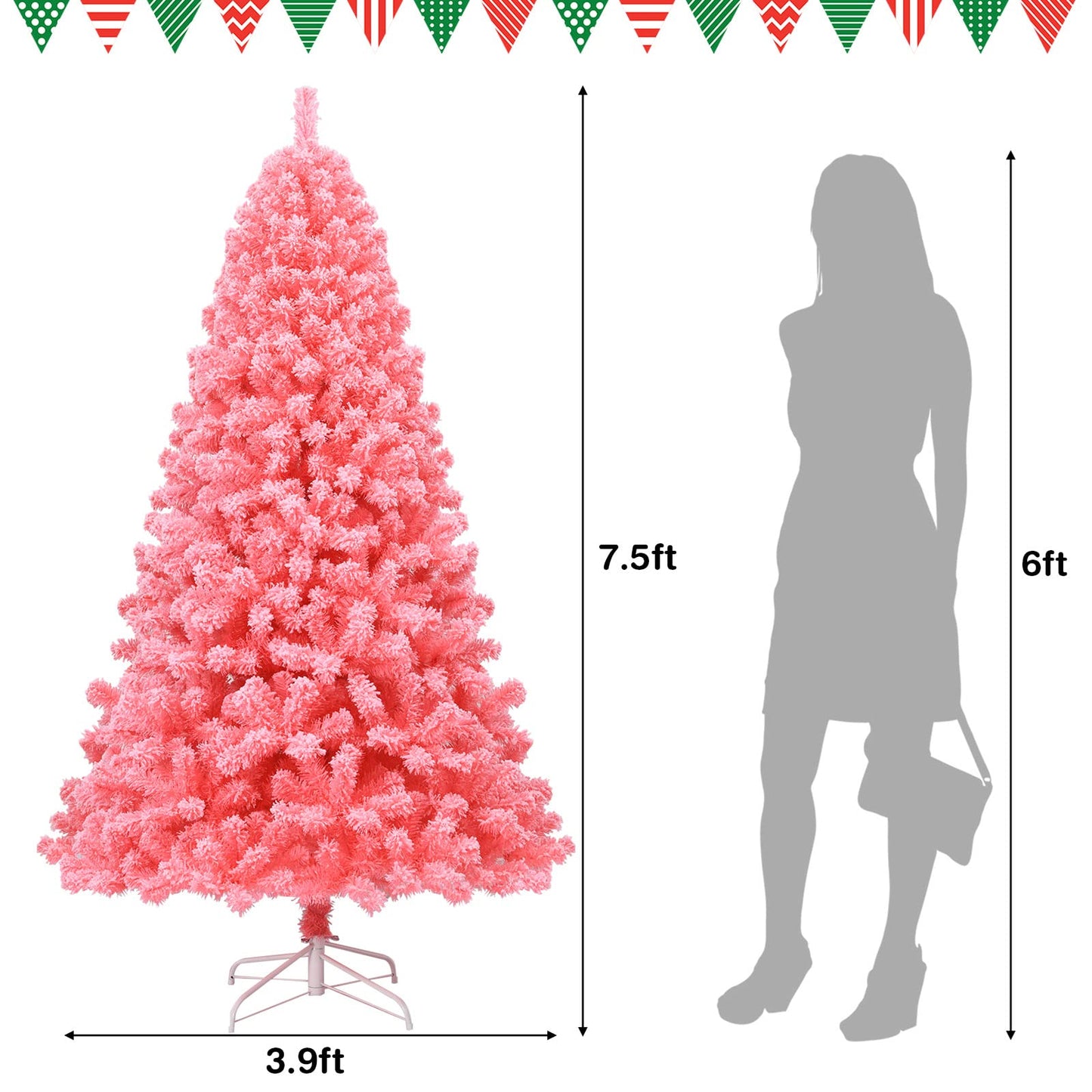 7.5Ft Artificial Christmas Tree Realistic Snow Flocked Hinged Pine Tree with Solid Metal Stand