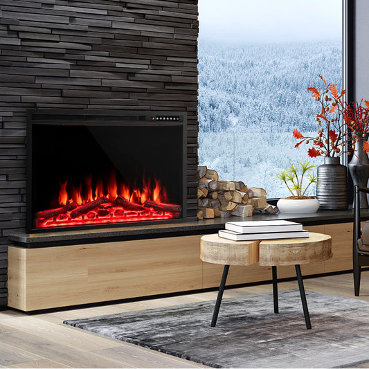 34-Inch Electric Fireplace, Wall-Mounted and Recessed Fireplace Heater with 4 Flame and Log Colors