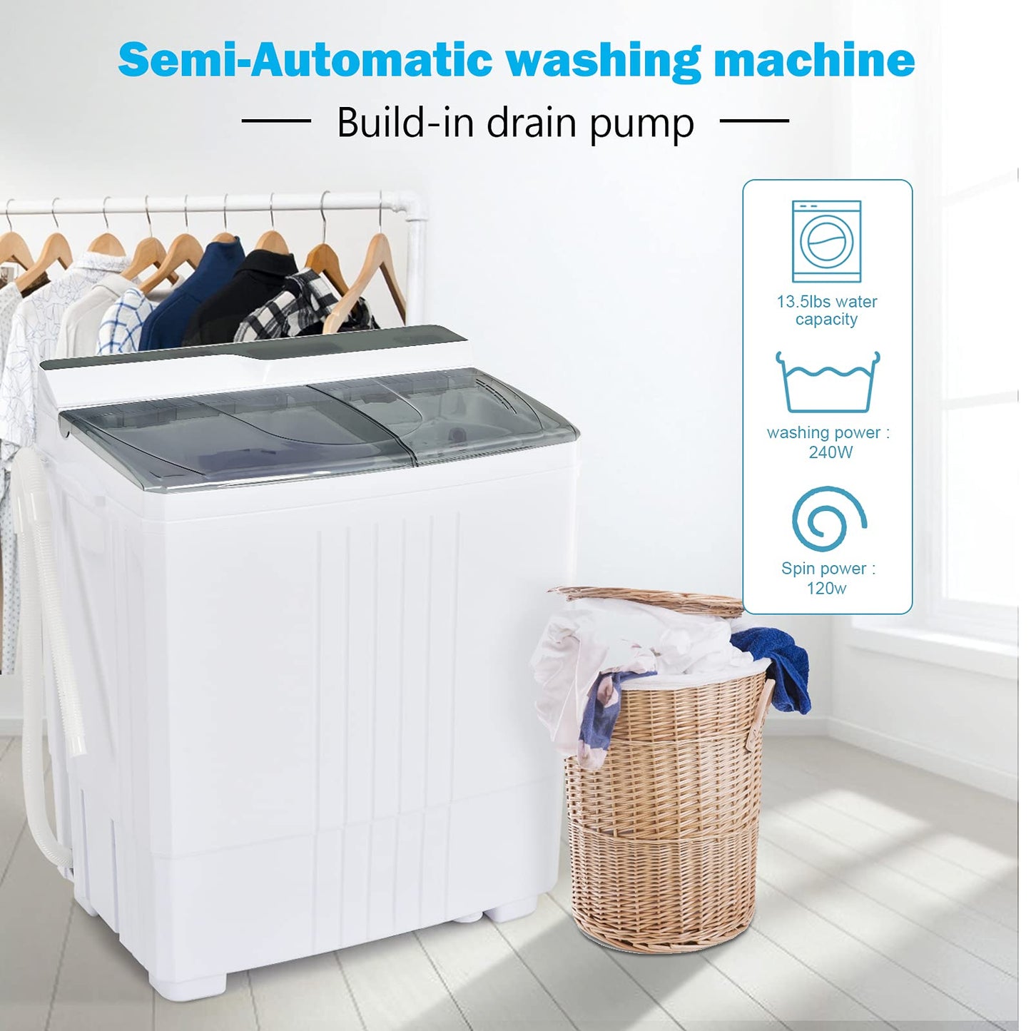 ARLIME Portable Washing Machine Twin Tub 21Lbs Capacity, Washer(14.4Lbs) and Spinner(6.6Lbs)