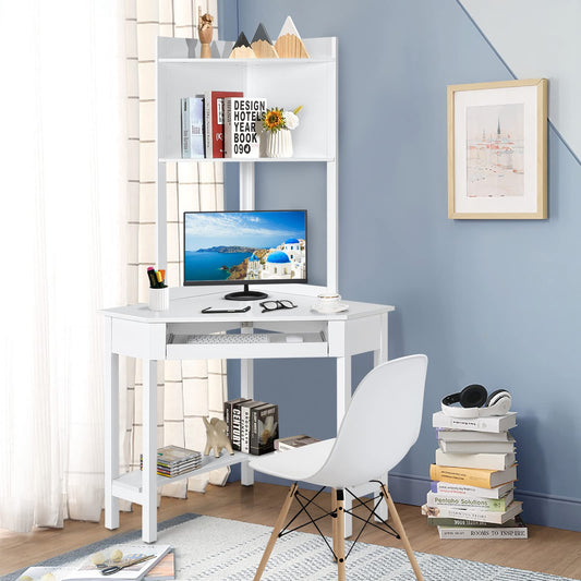 Corner Desk with Keyboard Tray & Bottom Shelves for Small Space