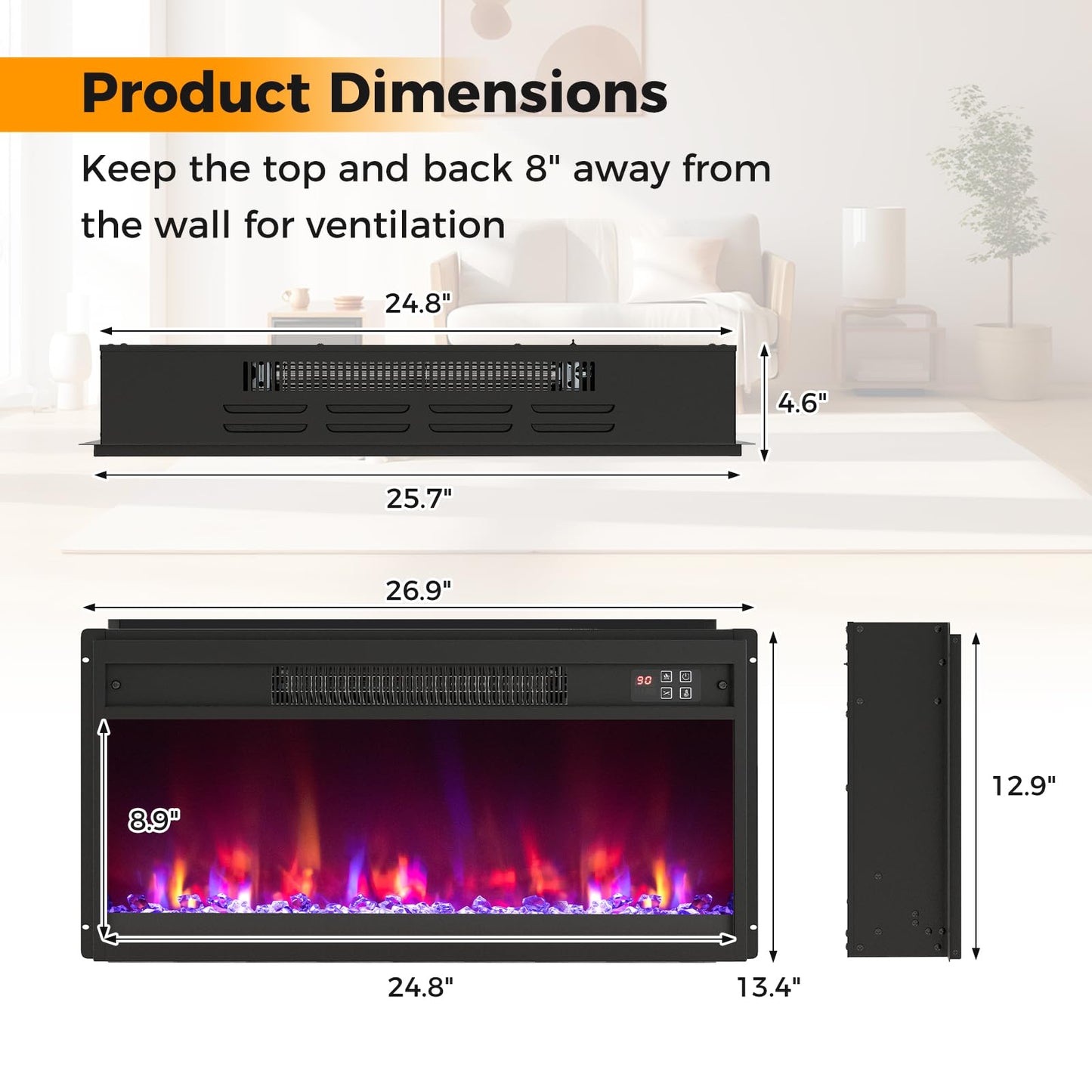 26 Inch Recessed Fireplace Heater, Electric Fireplace Insert w/Multi-Color Flame & Crystal Ember Bed