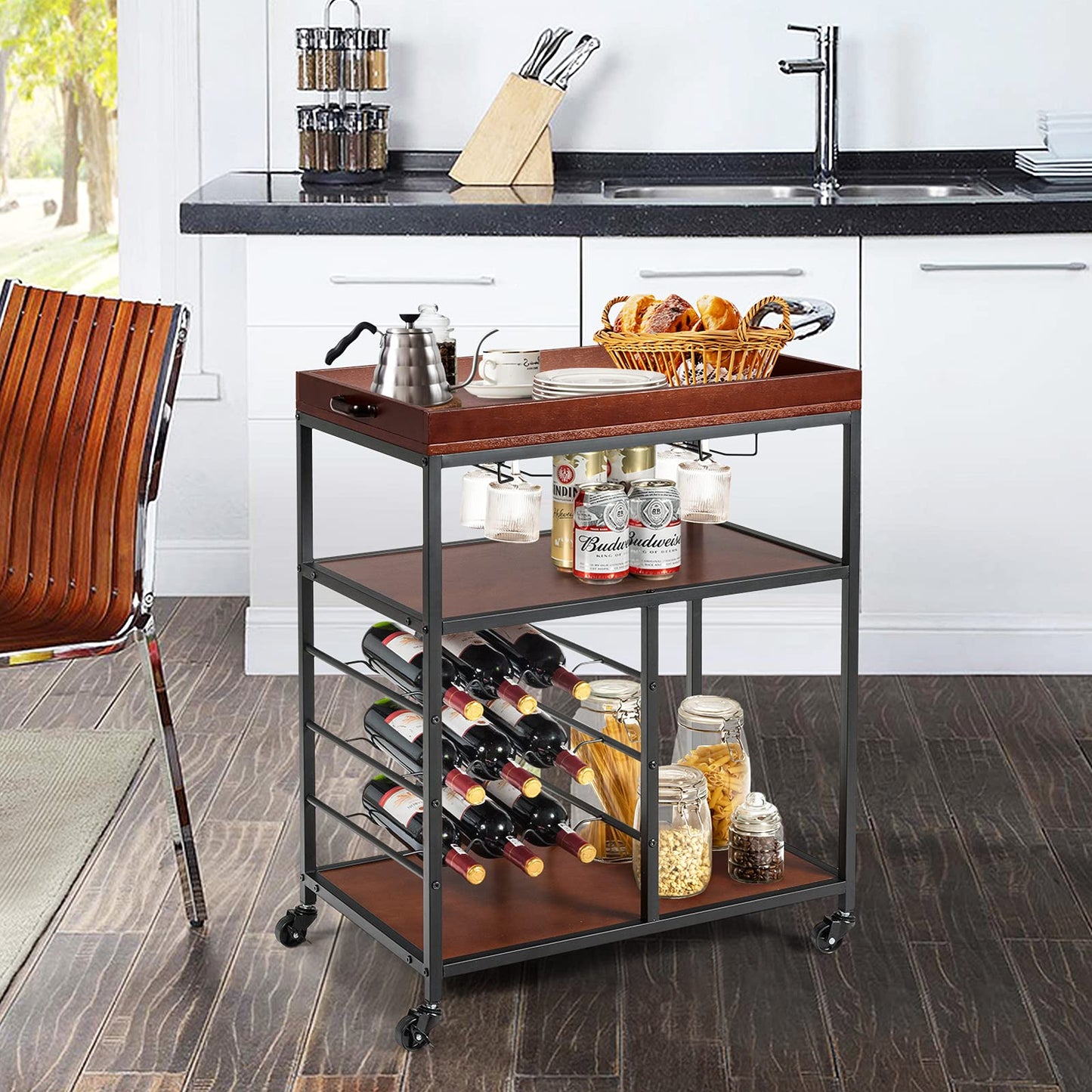 Kitchen Rolling Island Cart with 9-Bottle Wine Racks & Glass Holders