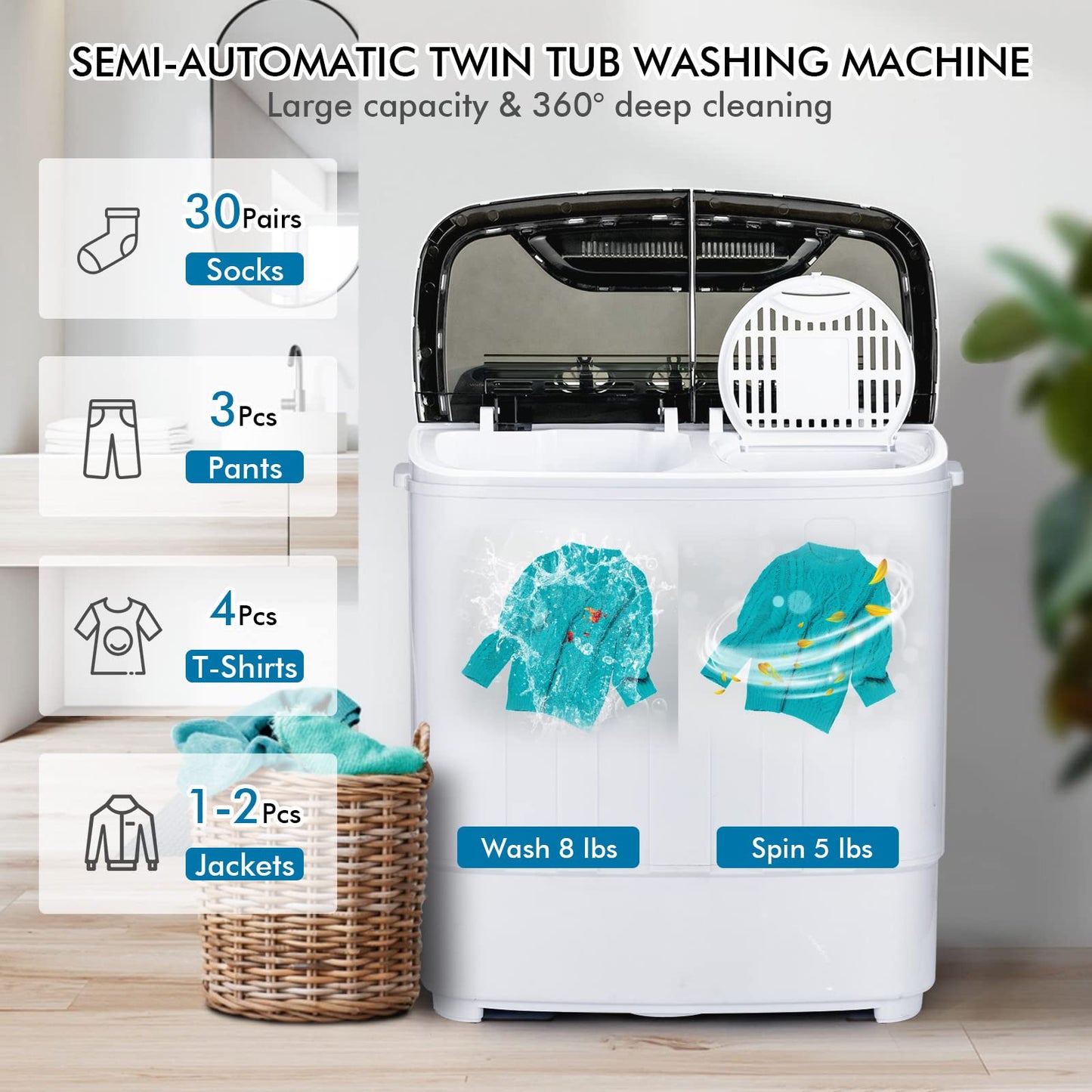 Portable Washing Machine, Twin Tub 13Lbs Capacity Washer 8Lbs and Spinner 5Lbs with Control Knobs