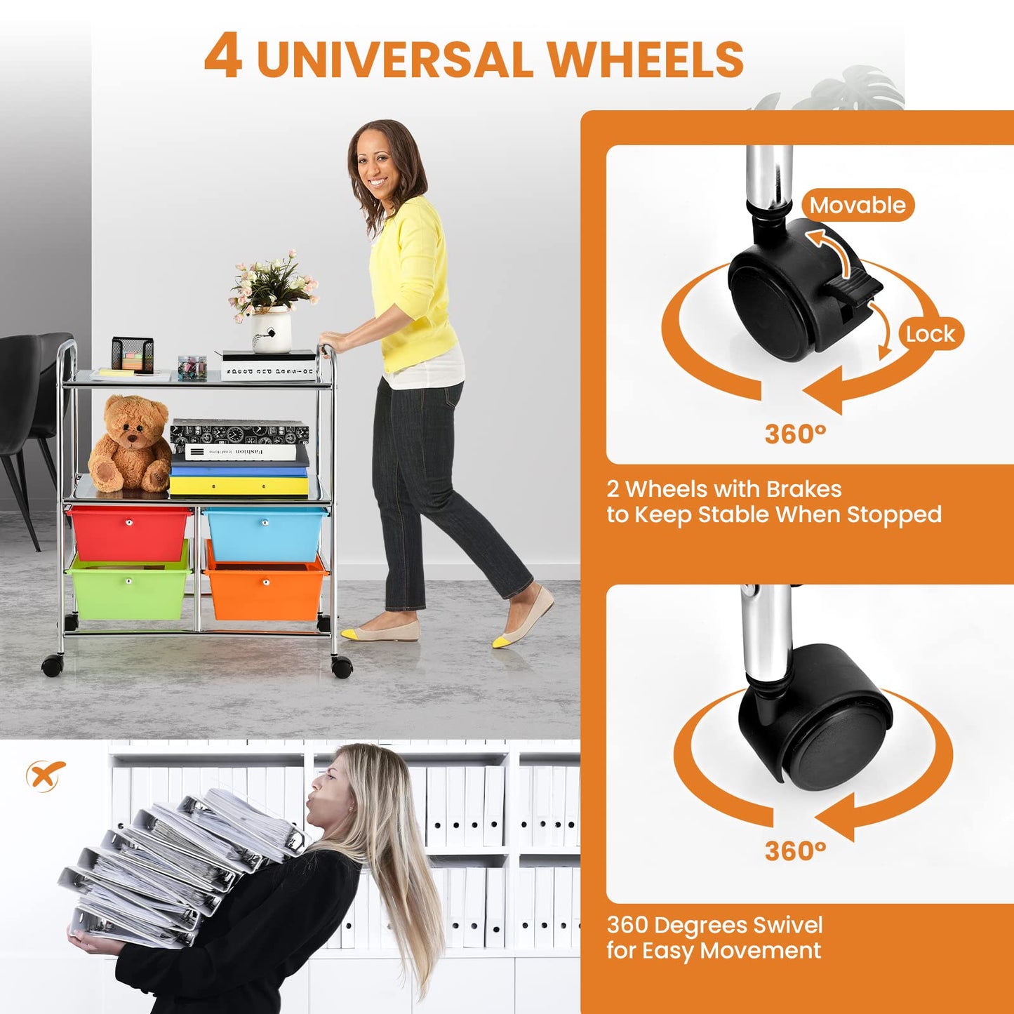 Rolling Storage Cart with 4 Drawers 2 Shelves for Home Office Kitchen Salon