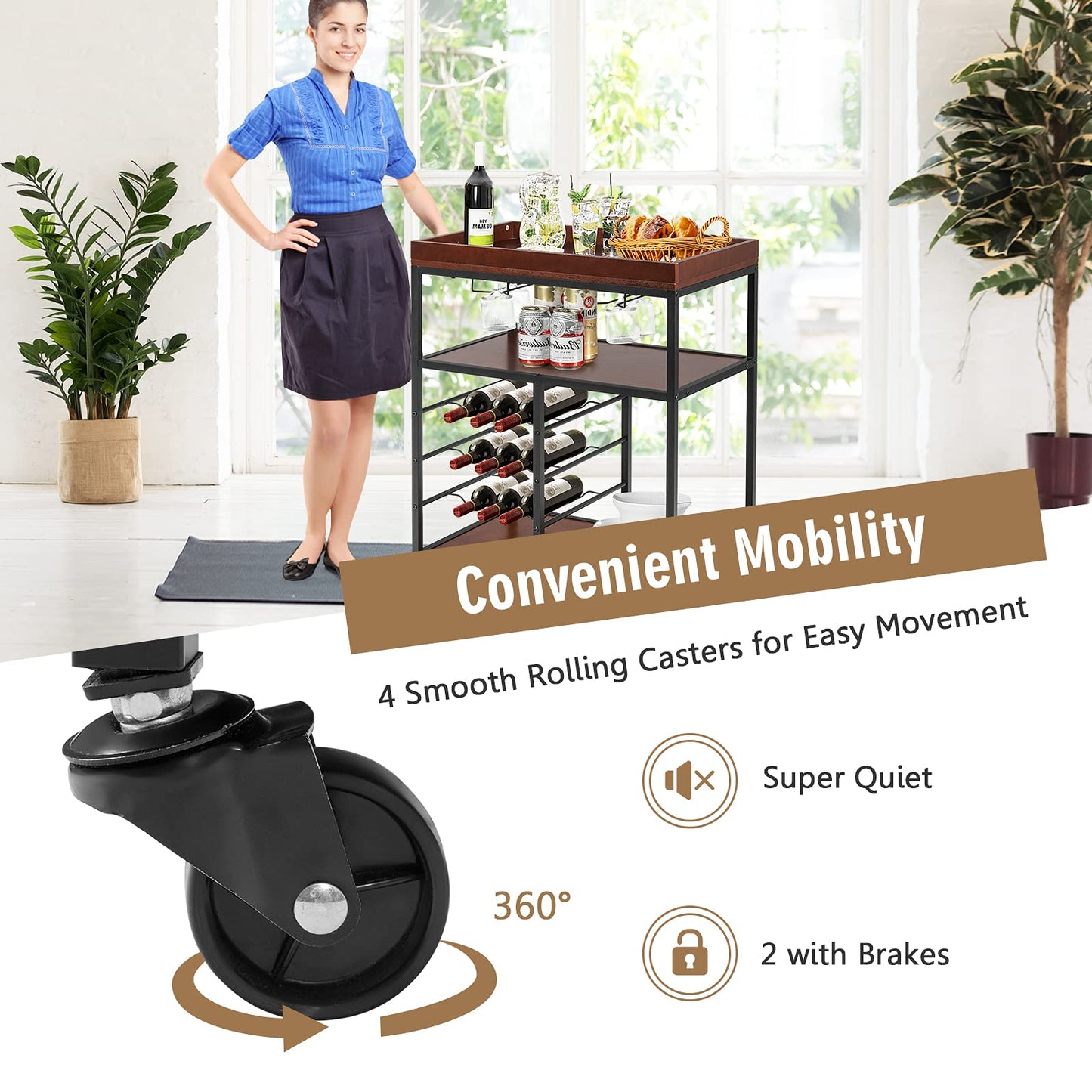 Kitchen Rolling Island Cart with 9-Bottle Wine Racks & Glass Holders