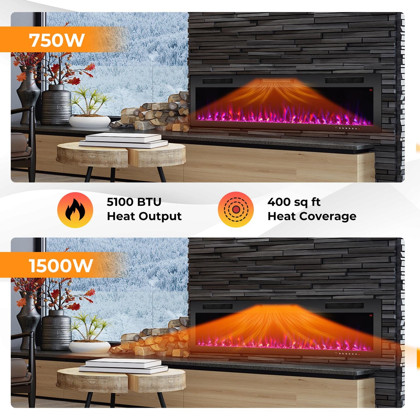 60 Inch Electric Fireplace Recessed and Wall Mounted, 750W/1500W Electric Fireplace Heater with Remote