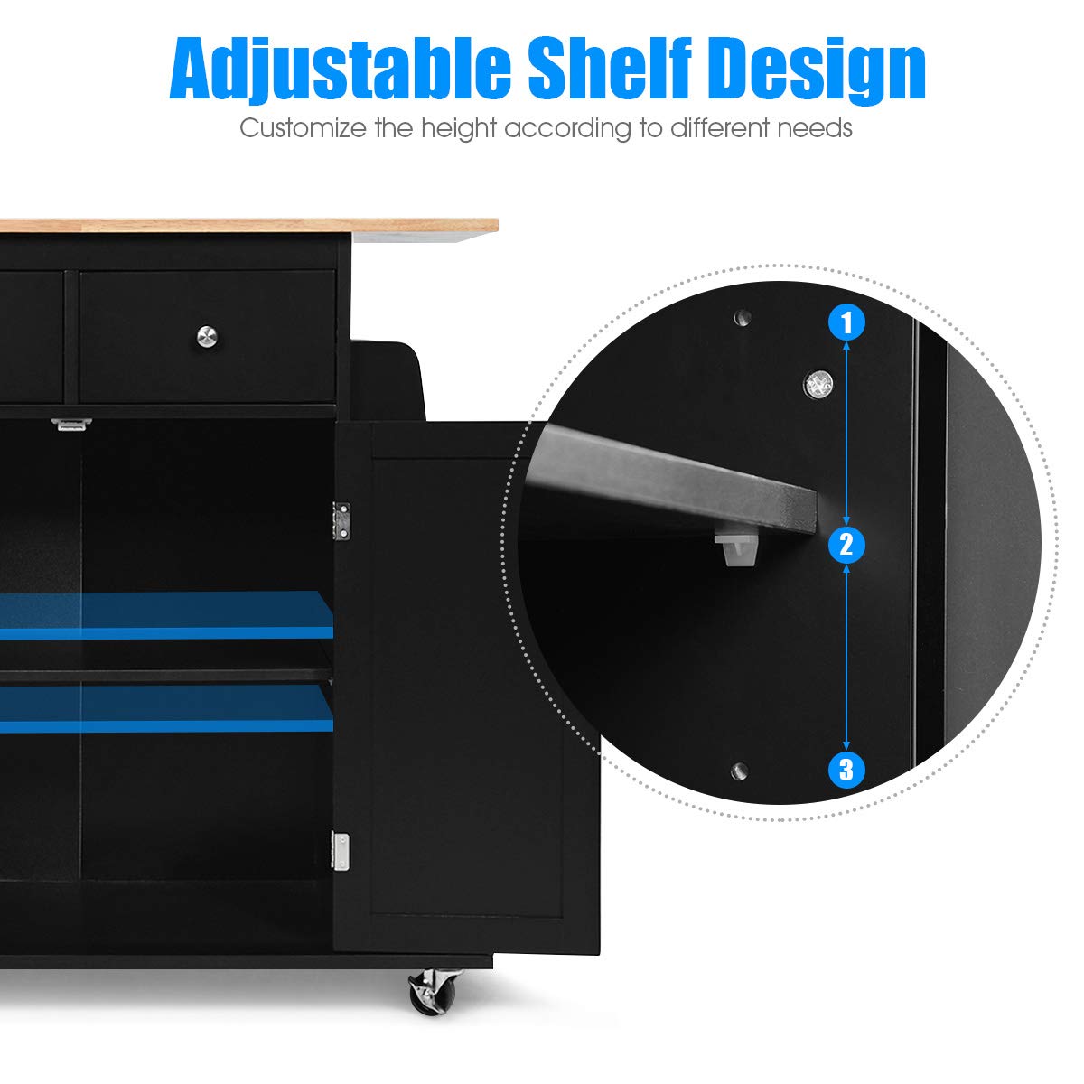 Kitchen Island on Wheels with Adjustable Shelf for Dining Room