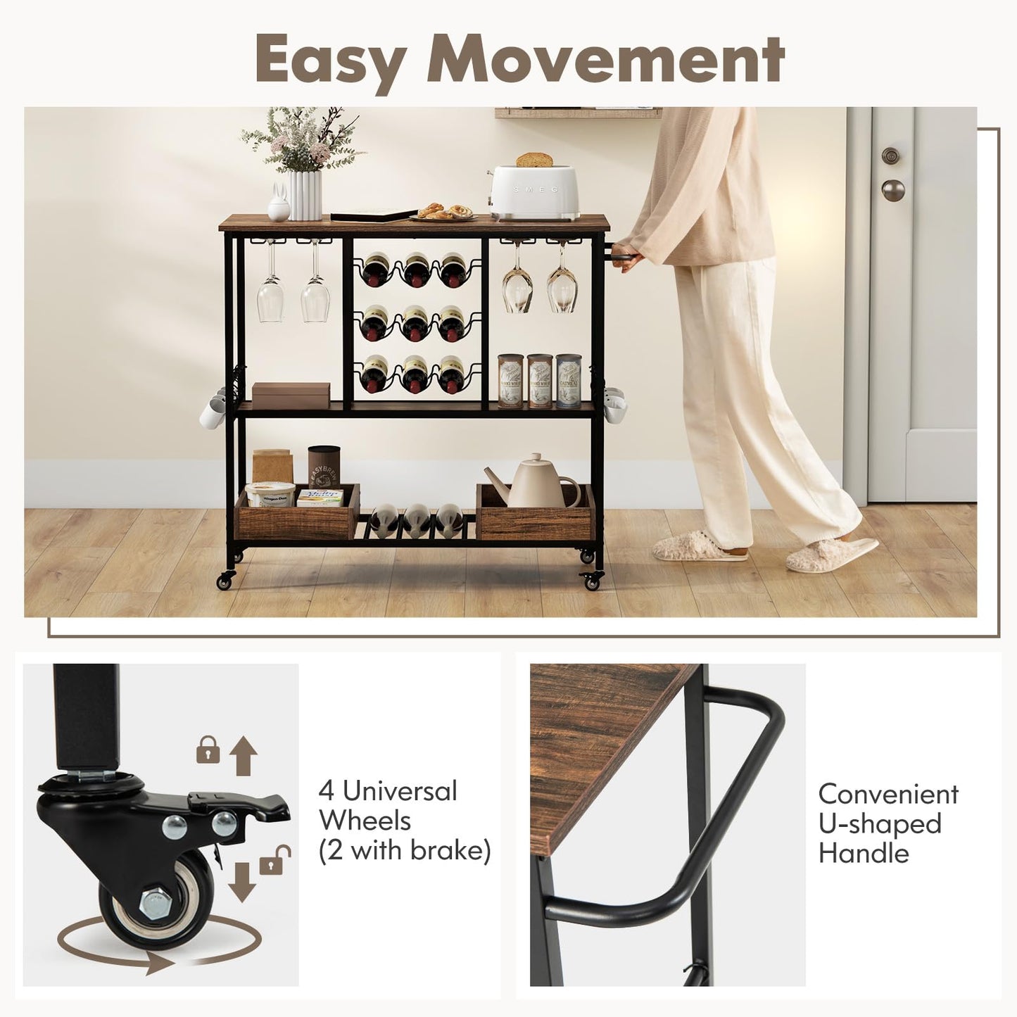 Home Serving Cart Industrial Rolling Beverage Cart