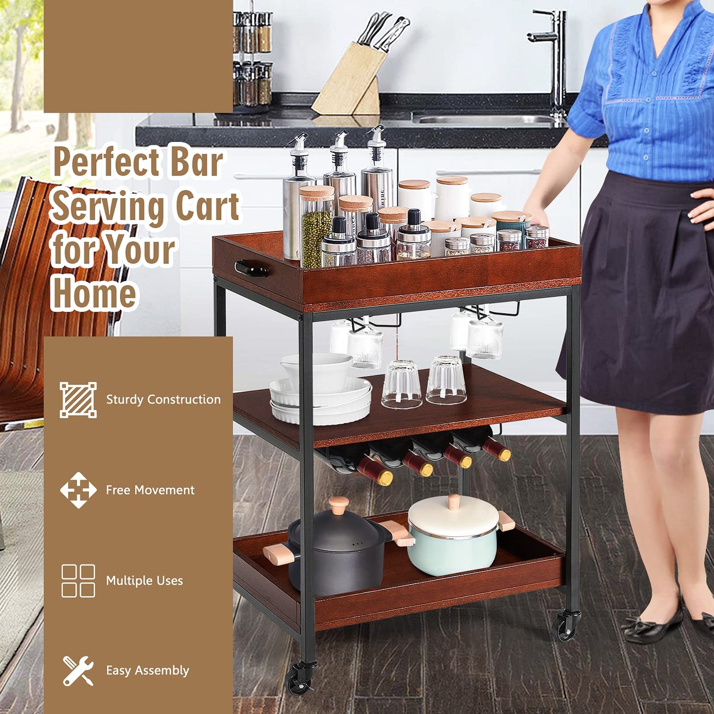 Kitchen Rolling Island Cart 3-Tier Rolling Bar Serving Cart