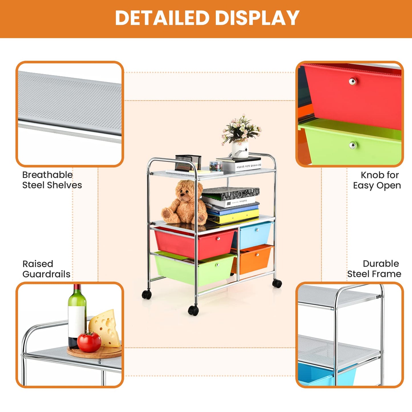 Rolling Storage Cart with 4 Drawers 2 Shelves for Home Office Kitchen Salon
