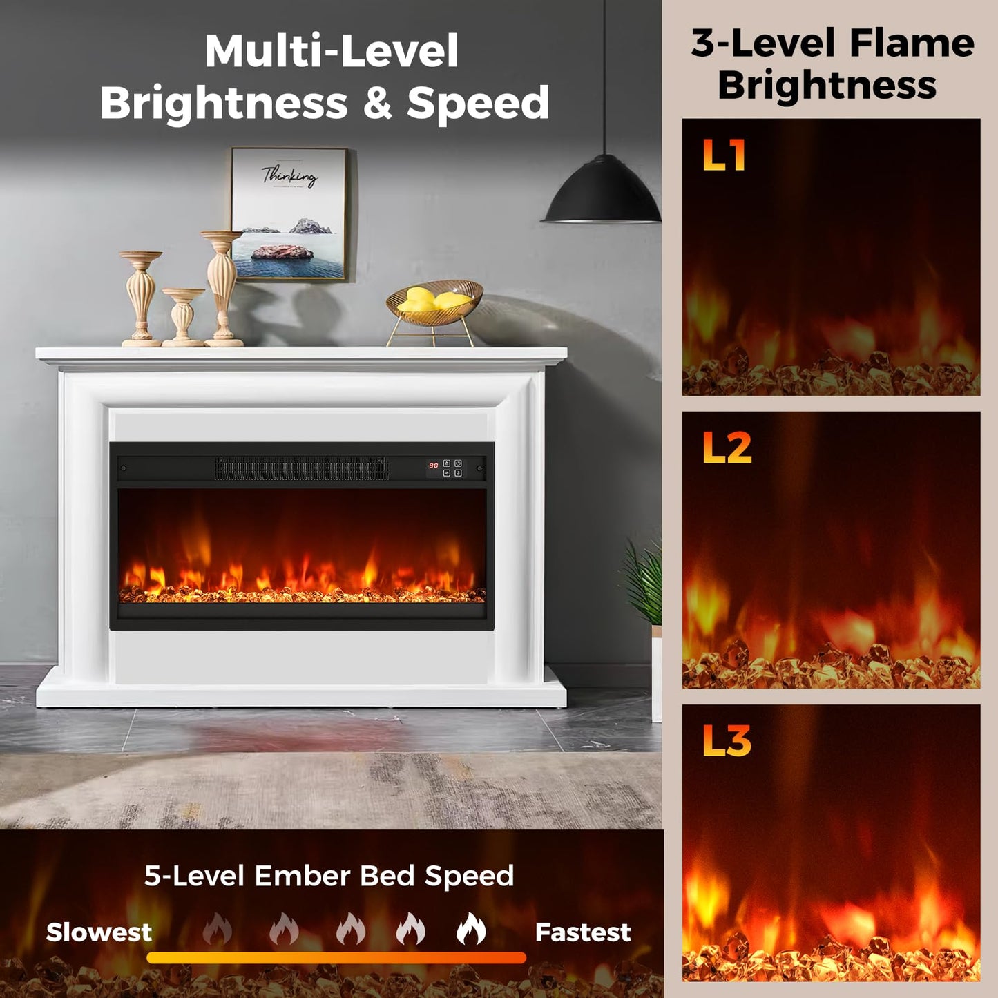 26 Inch Recessed Fireplace Heater, Electric Fireplace Insert w/Multi-Color Flame & Crystal Ember Bed