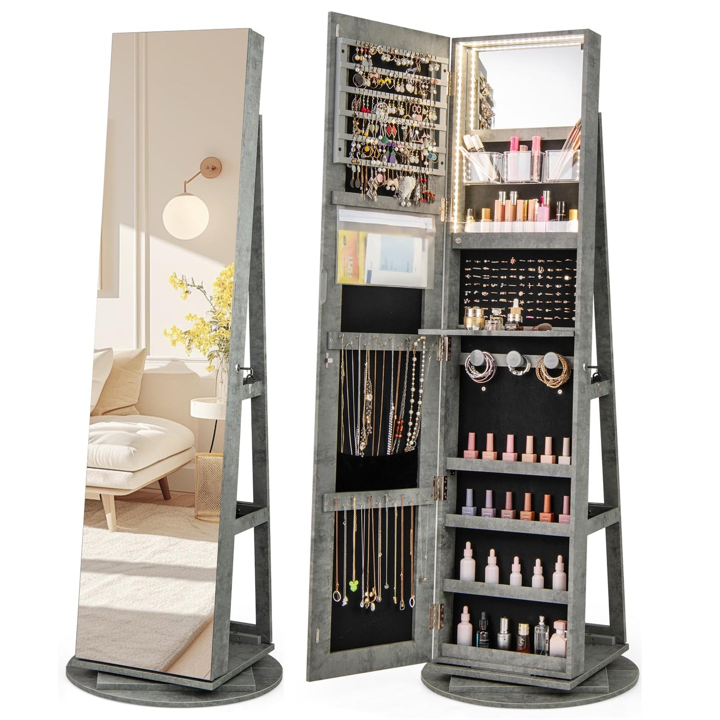 360° Rotating Mirrored Jewelry Cabinet Armoire 3 Color LED Modes Lockable