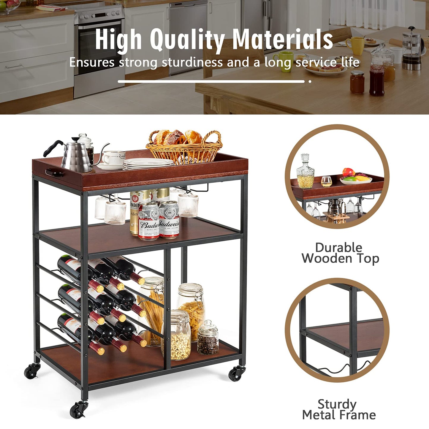 Kitchen Rolling Island Cart with 9-Bottle Wine Racks & Glass Holders