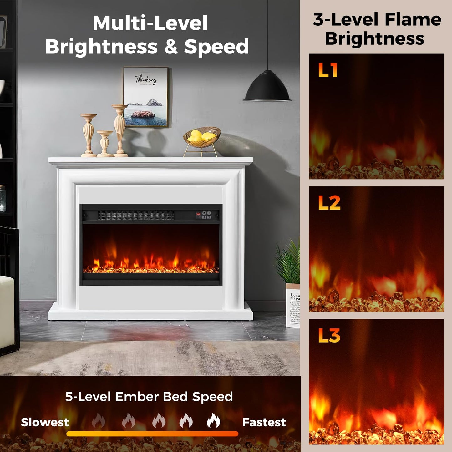 23 Inch Recessed Fireplace Heater, Electric Fireplace Insert w/Multi-Color Flame & Crystal Ember Bed