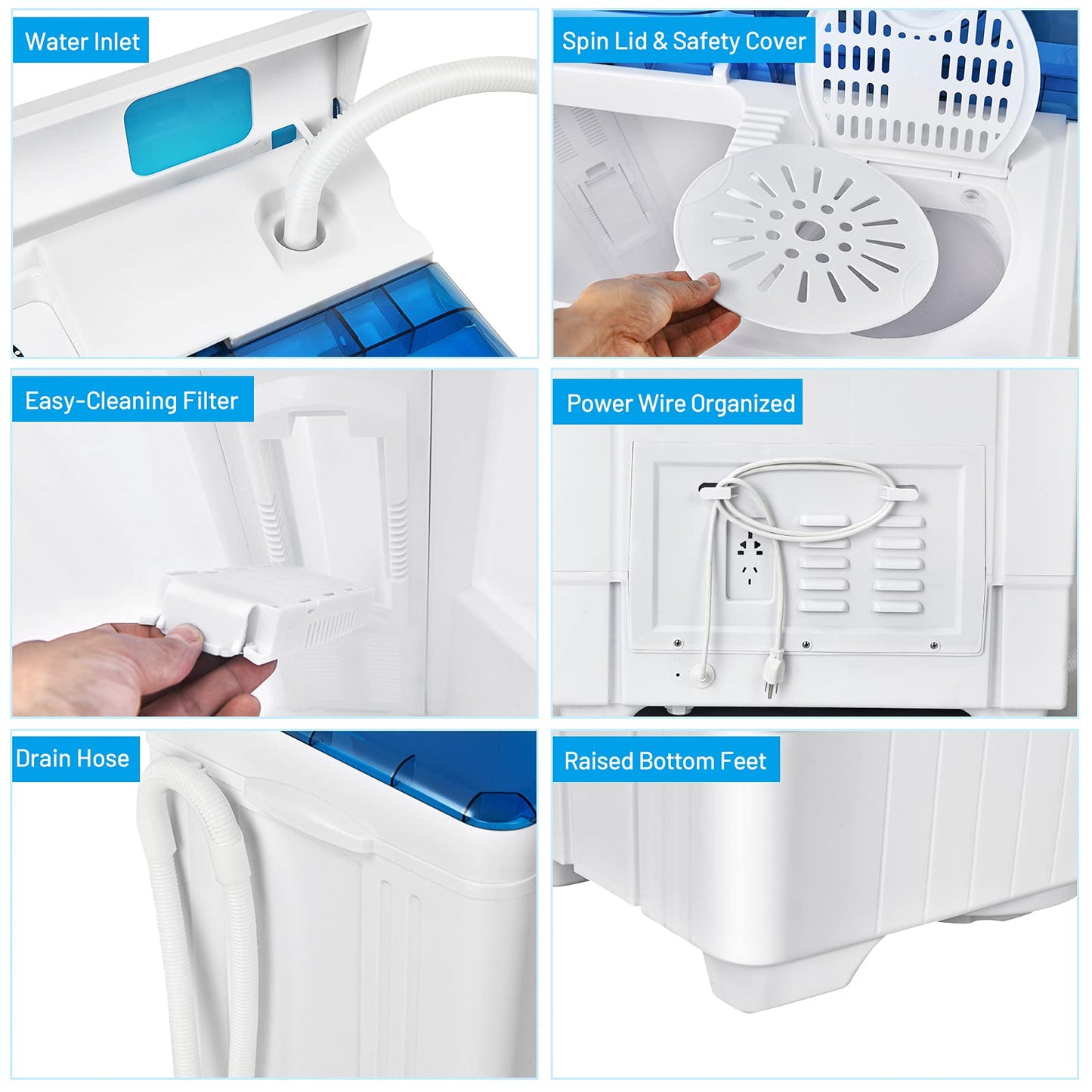 Washing Machine Semi-automatic, Twin Tub Washer with Spin Dryer, 26lbs Capacity, Built-in Drain Pump